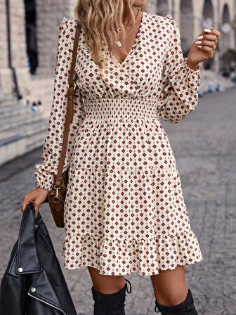 Reka Moda Kadın Uzun Kollu Kruvaze Yaka Desenli Mini Modal Elbise