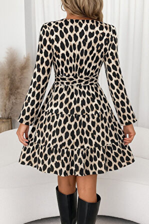 Reka Moda Kadın Uzun Kollu Kruvaze Yaka Desenli Mini Modal Elbise