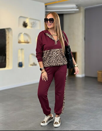 Reka Moda Kadın Uzun Kollu Kapşonlu Leopar Desen Detaylı Viskon Iki Iplik Bluz Ve Pantolon Ikili Takım