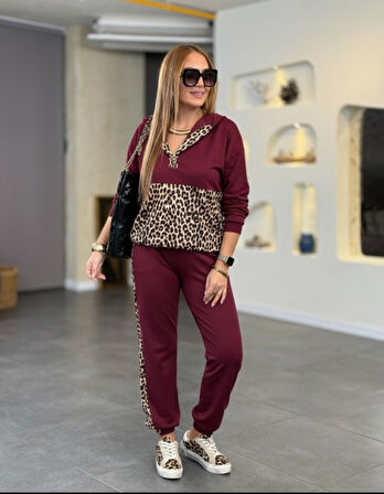Reka Moda Kadın Uzun Kollu Kapşonlu Leopar Desen Detaylı Viskon Iki Iplik Bluz Ve Pantolon Ikili Takım