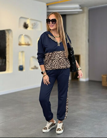 Reka Moda Kadın Uzun Kollu Kapşonlu Leopar Desen Detaylı Viskon Iki Iplik Bluz Ve Pantolon Ikili Takım