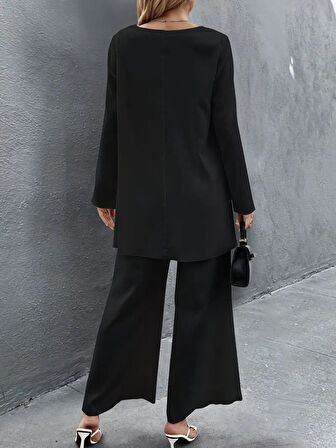 Reka Moda Kadın Uzun Kollu Asimetrik Detaylı Salaş Sandy Bluz Ve Pantolon Ikili Takım