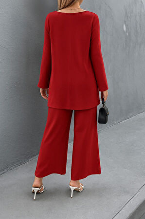Reka Moda Kadın Uzun Kollu Asimetrik Detaylı Salaş Sandy Bluz Ve Pantolon Ikili Takım