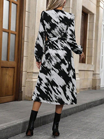 Reka Moda Kadın Uzun Kollu Kruvaze Yakalı Yandan Bağlamalı Desenli Mini Modal Elbise