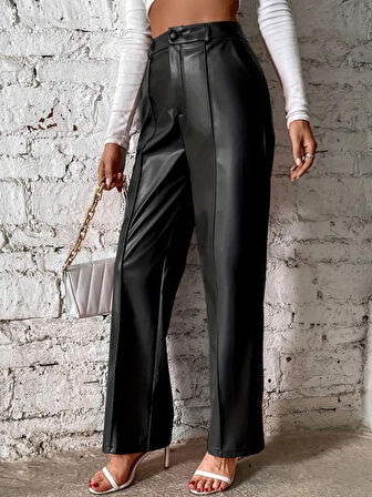 Reka Moda Kadın önden Fermuarlı Cepli Geniş Kesim Lame Deri Pantolon