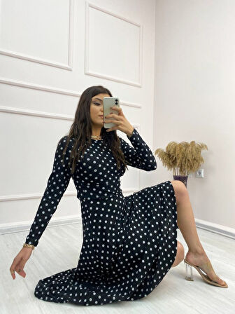 Reka Moda Kadın Siyah Tam Boy Beyaz Puantiyeli Elbise