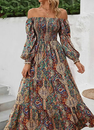 Reka Moda Kadın Düşük Omuzlu Beli Büzgülü Dijital Desenli Kesik Elyaf Süprem Uzun Elbise