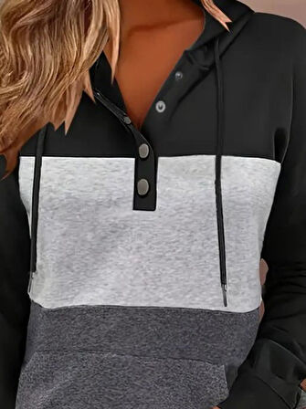 Reka Moda Kadın Uzun Kollu Kapşonlu çok Renkli Iki Iplik Bluz