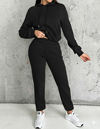 Reka Moda Kadın Uzun Kollu Kapşonlu Bağcıklı üç Iplik Bluz Ve Pantolon Ikili Takım