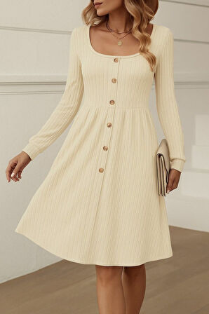 Reka Moda Kadın Uzun Kollu Kare Yaka Düğmeli Kısa şardonlu Iki Iplik Mini Elbise