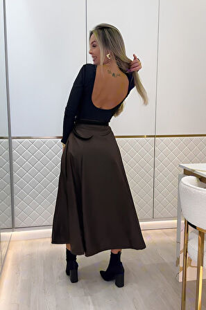 Reka Moda Kadın Yüksek Belli Maxi Deri Kemersiz Etek