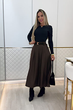 Reka Moda Kadın Yüksek Belli Maxi Deri Kemersiz Etek