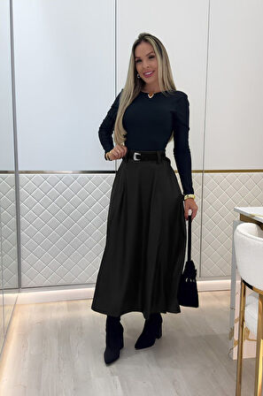 Reka Moda Kadın Yüksek Belli Maxi Deri Kemersiz Etek