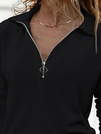 Reka Moda Kadın Uzun Kollu Yakalı Fermuarlı Iki Iplik Bluz