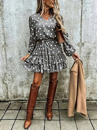 Reka Moda Kadın Uzun Kollu V Yakalı Belden Kuşaklı Puantiyeli Mini Modal Elbise