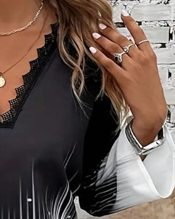 Reka Moda Kadın Uzun Kollu V Dantel Yaka Desenli Modal Bluz