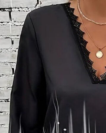 Reka Moda Kadın Uzun Kollu V Dantel Yaka Desenli Modal Bluz