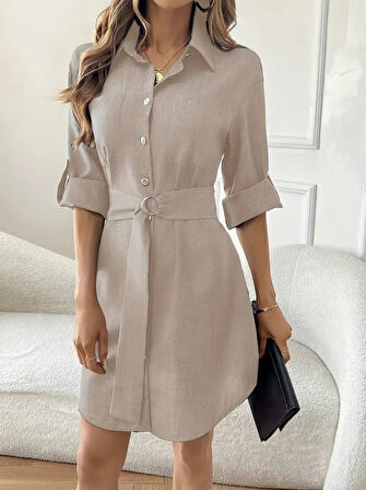 Reka Moda Kadın Uzun Kollu Yakalı önden Düğmeli Beli Kuşaklı Mini Ithal Keten Elbise