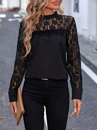 Reka Moda Kadın Uzun Kollu Yarı Balıkçı Yaka Dantelli Sandy Bluz