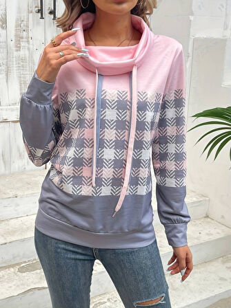 Reka Moda Kadın Uzun Kollu Balıkçı Yaka Bağcıklı Desenli şardonlu Dalgıç Bluz