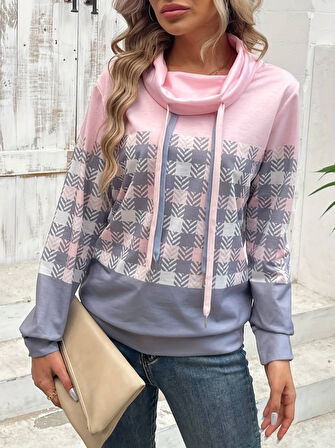 Reka Moda Kadın Uzun Kollu Balıkçı Yaka Bağcıklı Desenli şardonlu Dalgıç Bluz