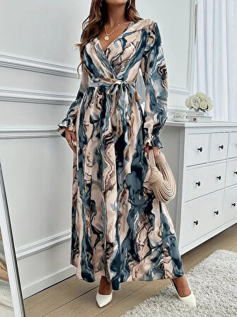 Reka Moda Kadın Uzun Kollu Kruvaze Yakalı Beli Kuşaklı Desenli Süprem Maxi Elbise