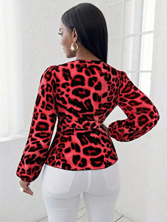 Reka Moda Kadın Uzun Kollu Kruvaze Yakalı Belden Kuşaklı Leopar Desenli Süprem Bluz