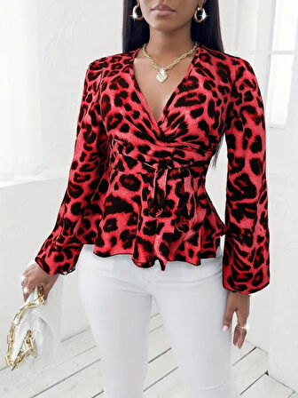 Reka Moda Kadın Uzun Kollu Kruvaze Yakalı Belden Kuşaklı Leopar Desenli Süprem Bluz