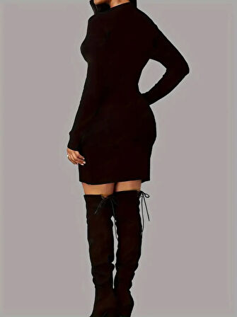 Reka Moda Kadın Uzun Kollu Bisiklet Yaka Kelebek Desenli Kısa Viskon Iki Iplik Elbise