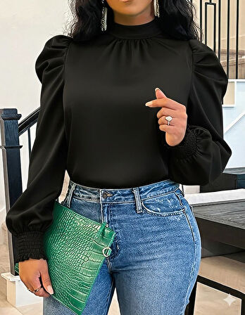 Reka Moda Kadın Uzun Kollu Balıkçı Yaka Arkadan Bağlamalı Omuzlardan Balon Ithal Krep Bluz