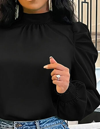 Reka Moda Kadın Uzun Kollu Balıkçı Yaka Arkadan Bağlamalı Omuzlardan Balon Ithal Krep Bluz