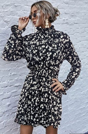 Reka Moda Kadın Uzun Kollu Balıkçı Yaka çiçek Baskılı Helen Kumaş Elbise