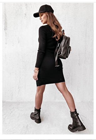 Reka Moda Kadın Siyah Uzun Kollu Bisiklet Yaka Yan Yırtmaç Düğme Detay Kısa Kaşkorse Elbise