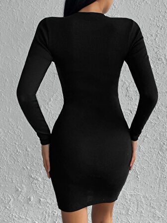 Reka Moda Kadın Siyah Uzun Kollu Bisiklet Yaka Yan Yırtmaç Düğme Detay Kısa Kaşkorse Elbise