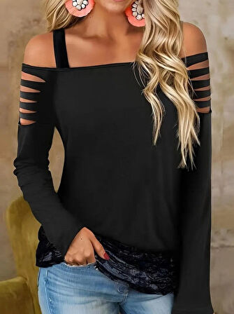 Reka Moda Kadın Uzun Lazer Kesik Detaylı Askılı Viskon Iki Iplik Bluz