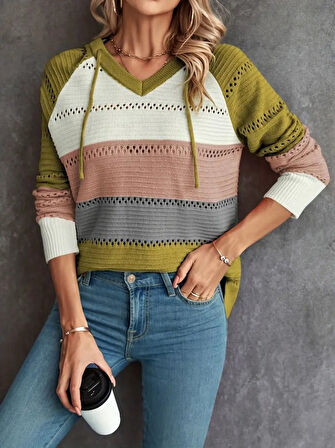 Reka Moda Kadın Uzun Kollu V Yakalı Bağcıklı Kapşonlu Triko Bluz