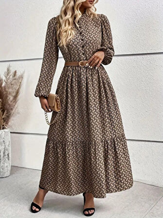 Reka Moda Kadın Uzun Kollu Hakim Yakalı Düğmeli Kemersiz Desenli Maxi Süprem Elbise