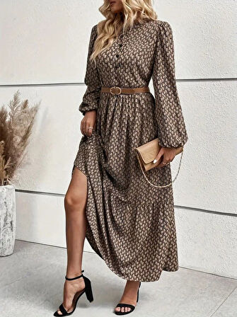 Reka Moda Kadın Uzun Kollu Hakim Yakalı Düğmeli Kemersiz Desenli Maxi Süprem Elbise