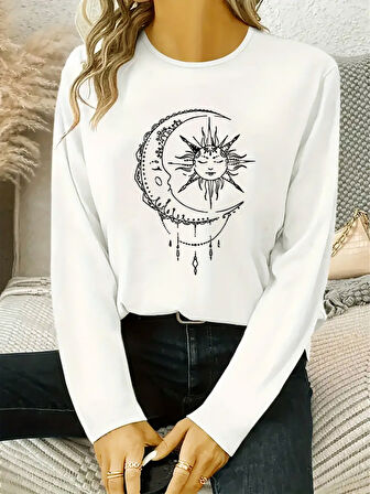 Reka Moda Kadın Uzun Kollu Bisiklet Yaka Ay Baskılı Viskon Bluz