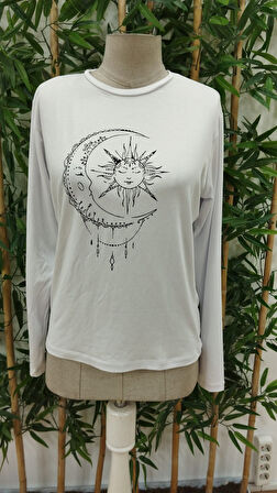 Reka Moda Kadın Uzun Kollu Bisiklet Yaka Ay Baskılı Viskon Bluz