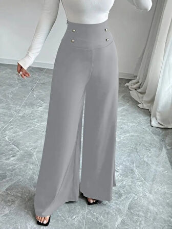 Reka Moda Kadın Yüksek Bel Düğmeli Geniş Paçalı Ithal Krep Pantolon