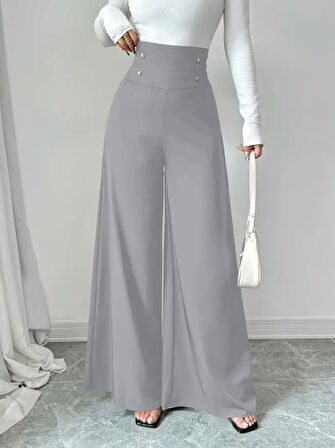 Reka Moda Kadın Yüksek Bel Düğmeli Geniş Paçalı Ithal Krep Pantolon