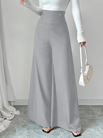 Reka Moda Kadın Yüksek Bel Düğmeli Geniş Paçalı Ithal Krep Pantolon