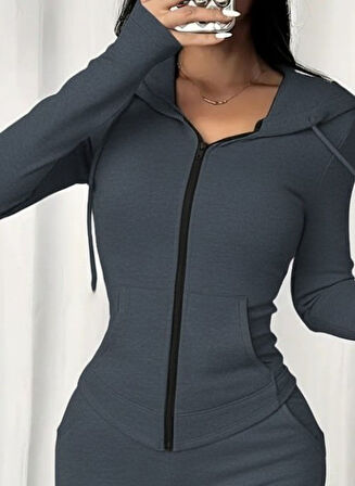 Reka Moda Kadın Uzun Kollu Kapşonlu Bağcıklı önü Fermuarlı Viskon Iki Iplik Bluz Ve Pantolon Ikili Takım