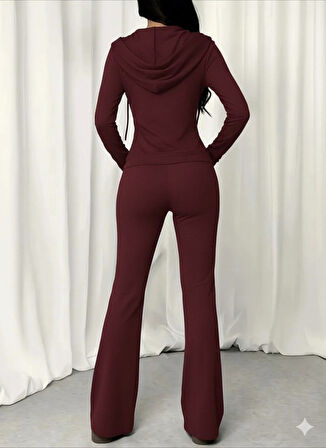 Reka Moda Kadın Uzun Kollu Kapşonlu Bağcıklı önü Fermuarlı Viskon Iki Iplik Bluz Ve Pantolon Ikili Takım