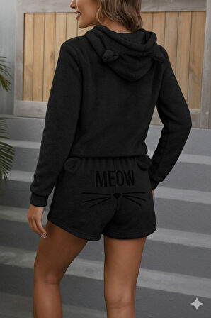 Reka Moda Kadın Uzun Kollu Kapşonlu Peluş Bluz Ve Kısa Short Ikili Takım