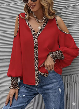 Reka Moda Kadın Omuzlardan Açık Yakalı önden Düğmeli Leopar Detaylı Sandy Bluz