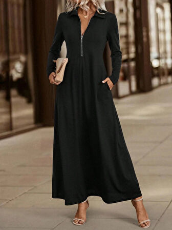 Reka Moda Kadın Uzun Kollu Yakalı önden Fermuarlı Uzun Viskon Iki Iplik Elbise