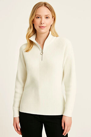 Reka Moda KADIN Yarım Fermuarlı Triko Kazak – Selanik Örgü, Dik Yaka, Pamuklu Dokuma, Oversize Uzun 