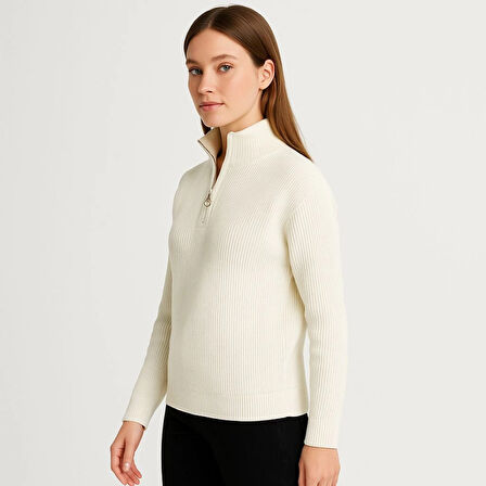 Reka Moda KADIN Yarım Fermuarlı Triko Kazak – Selanik Örgü, Dik Yaka, Pamuklu Dokuma, Oversize Uzun 